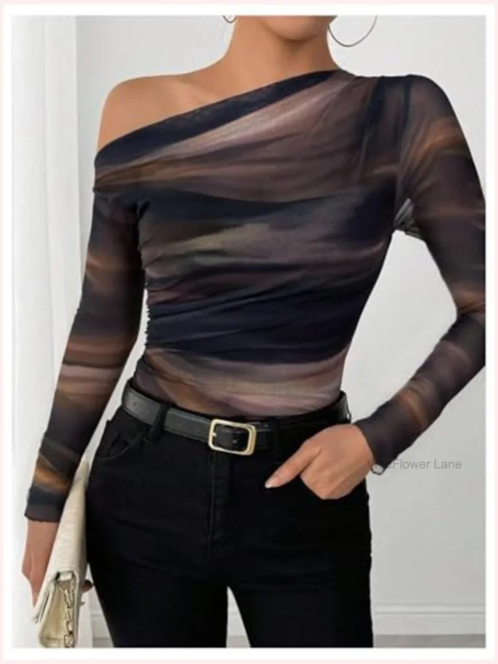Asymmetric Off The Shoulder Long Sleeve Mesh Top - Picture 3 of 5